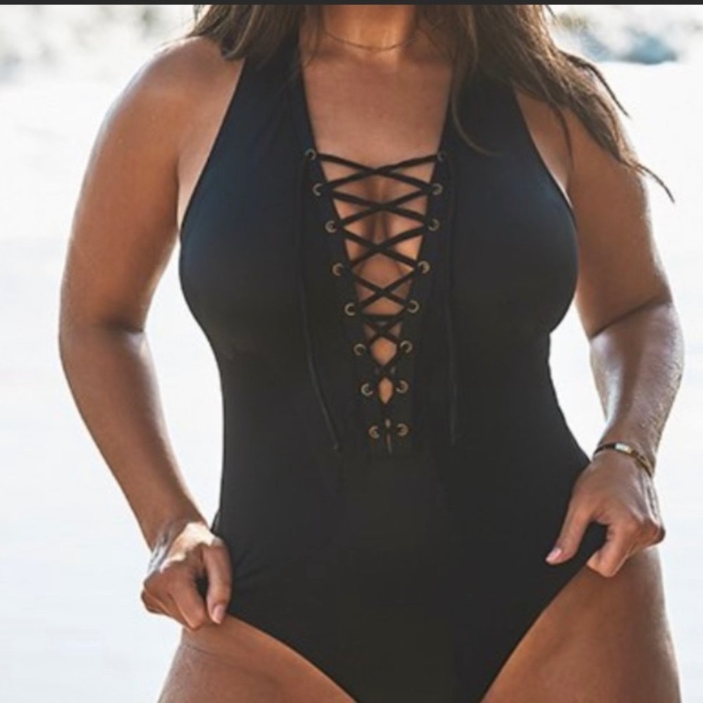 Ashley Graham swimsuits for all black lace grommet